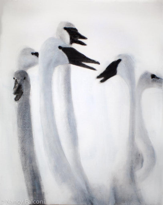 Trumpet Swan black and white contemporary art by Nancy Falconi Mixed Media painting