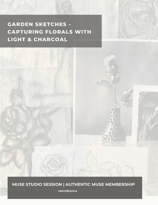 Cover of a book titled 'Garden Sketches - Capturing Florals with Light & Charcoal' featuring black and white floral illustrations.